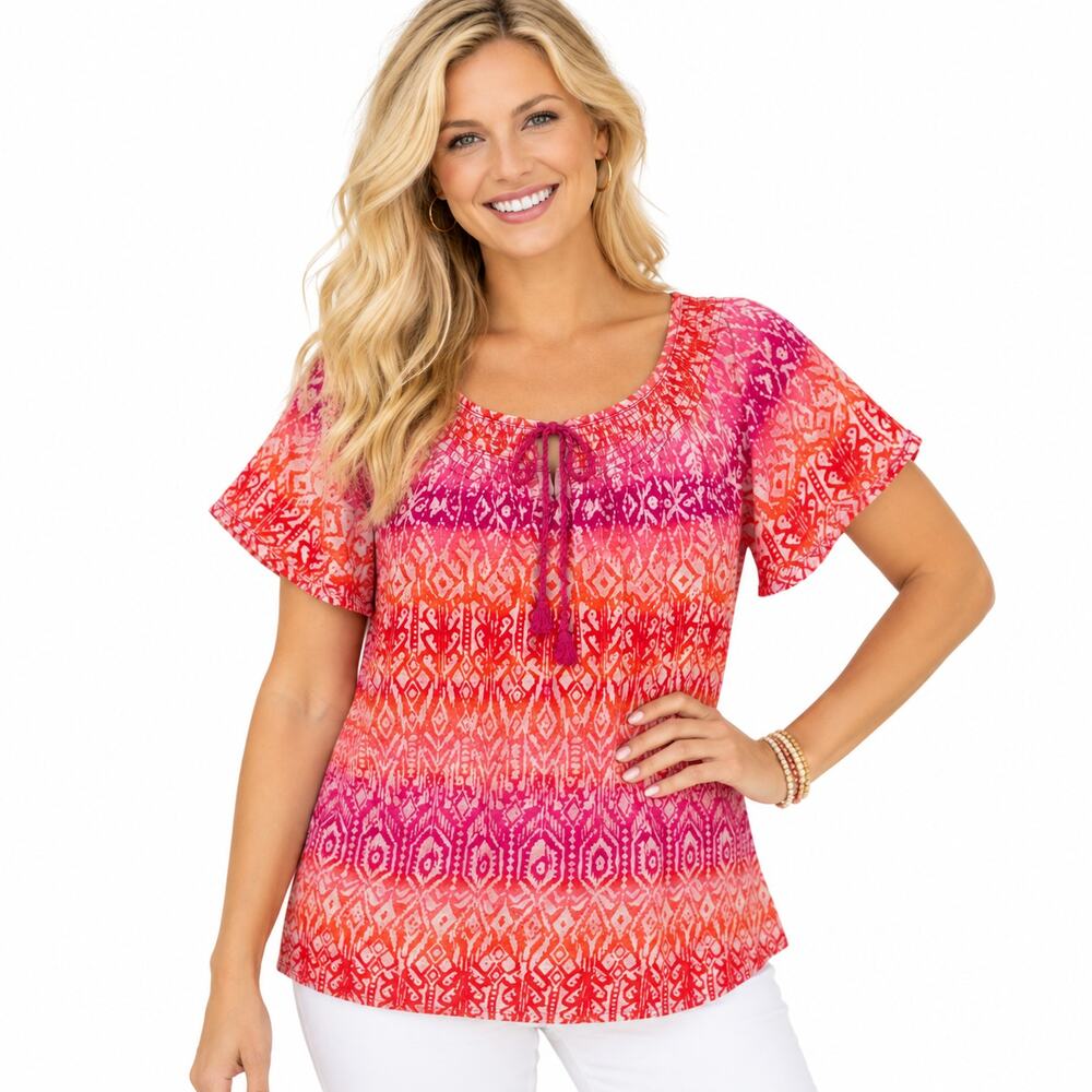 Lauren Ralph Lauren Peasant Top Womens Size XL Orange Pink Tribal Boho Knit